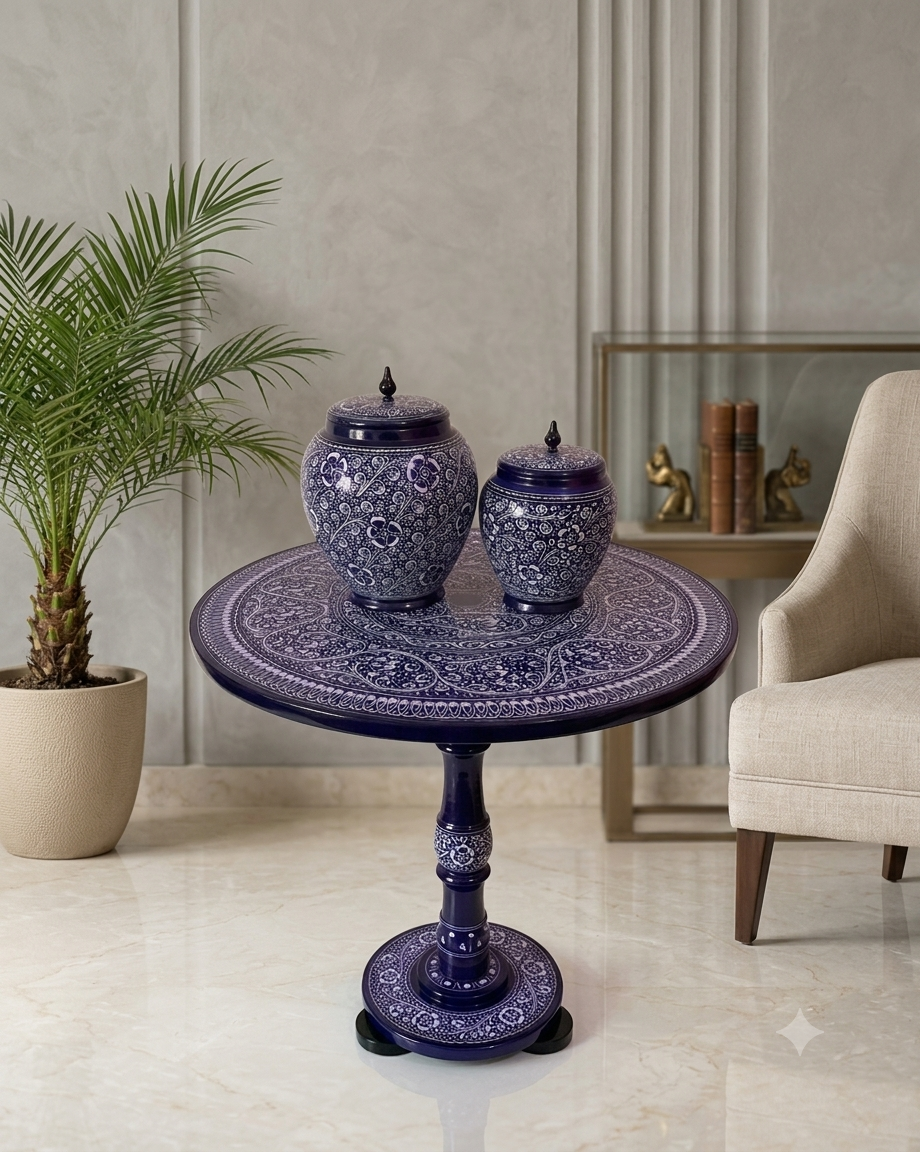 Naqashi Art Hand Painted Wood MDF Round Coffee Table