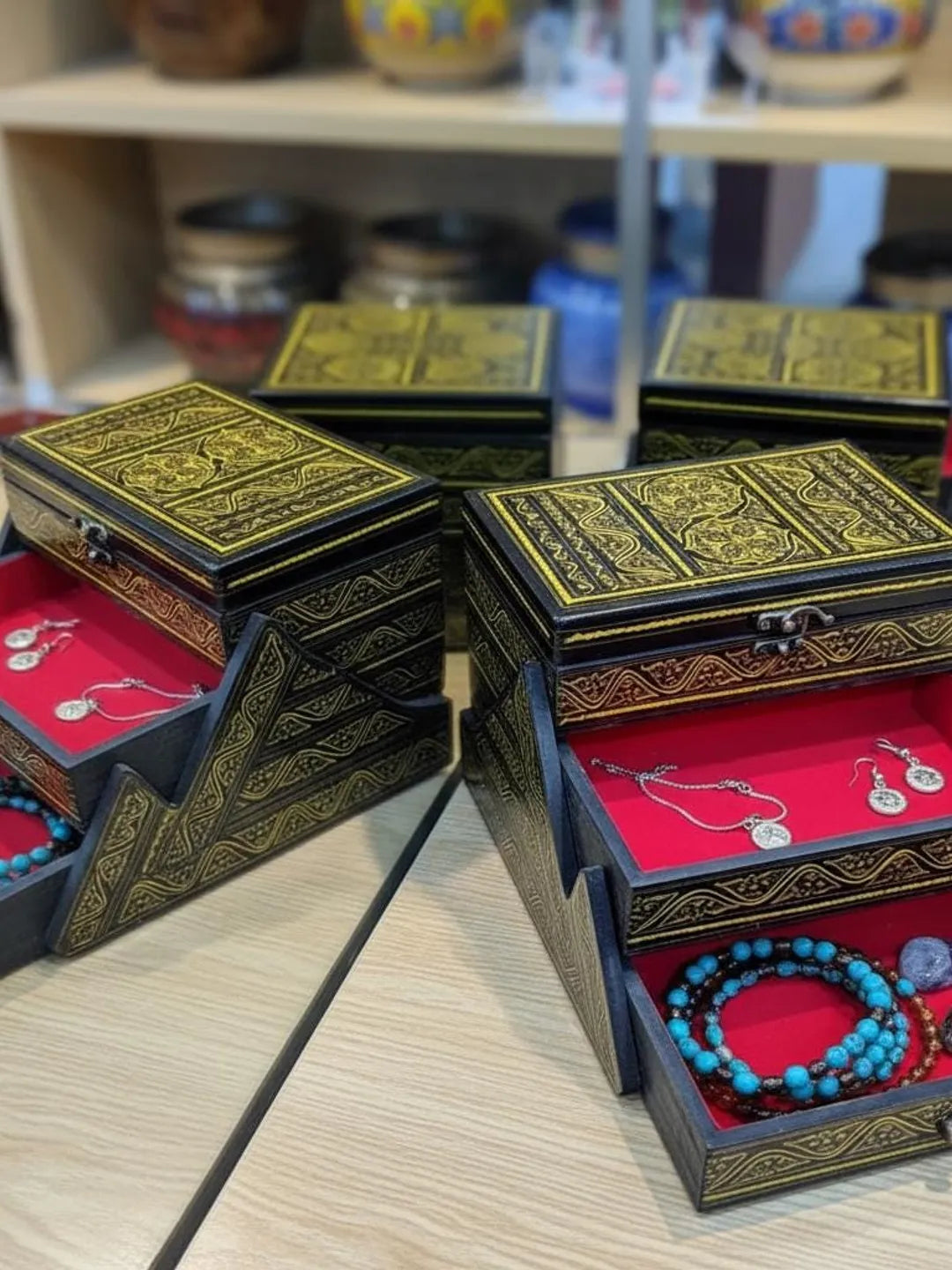 3 Tier HandCrafted Naqshi Art Wooden Jewelry Box (8"x5") | (8"x5")