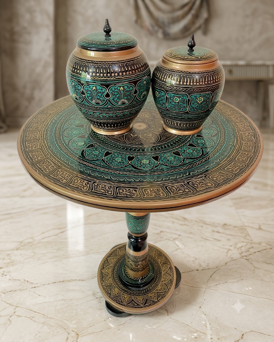 Naqashi Art Hand Painted Wood MDF Round Coffee Table