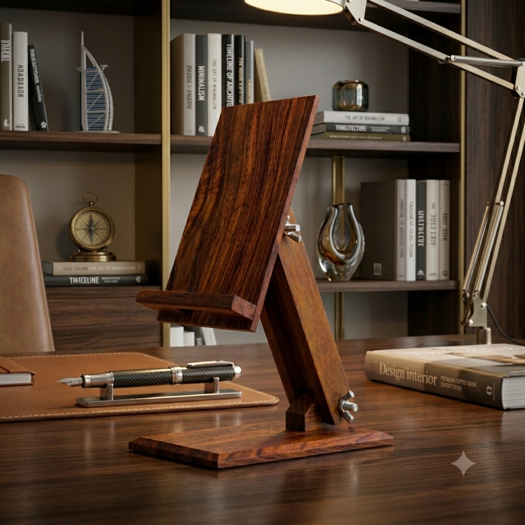Wooden e-reader stand on a desk with books and a lamp in the background