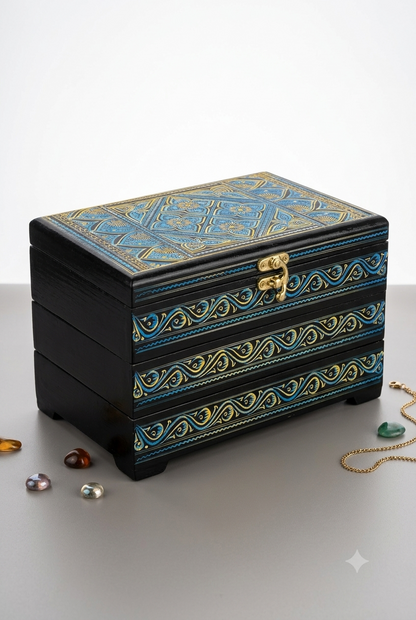 3 Tier HandCrafted Naqshi Art Wooden Jewelry Box (8"x5") | (8"x5")