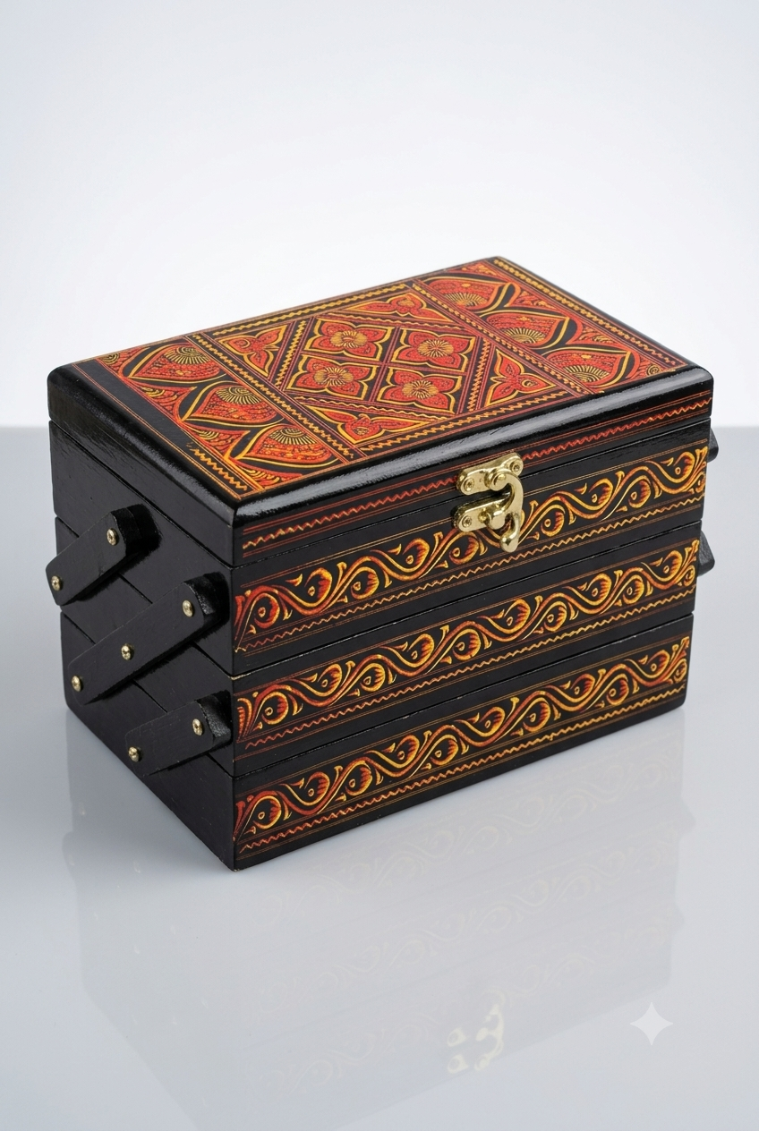 3 Tier HandCrafted Naqshi Art Wooden Jewelry Box (8"x5") | (8"x5")